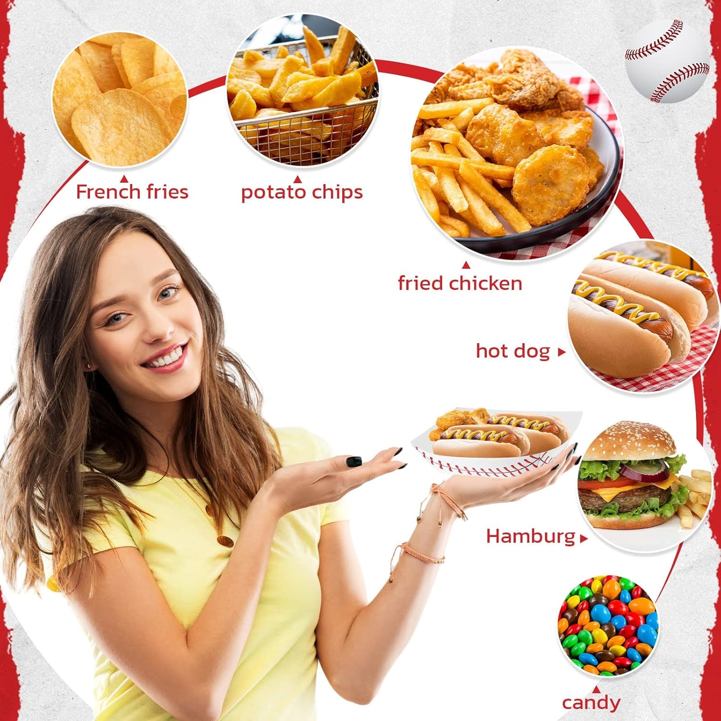 100 Pack Baseball Party Supplies Paper Food Trays Disposable Serving Tray Nacho Food Boats for Baseball Birthday Decorations(2Lb)