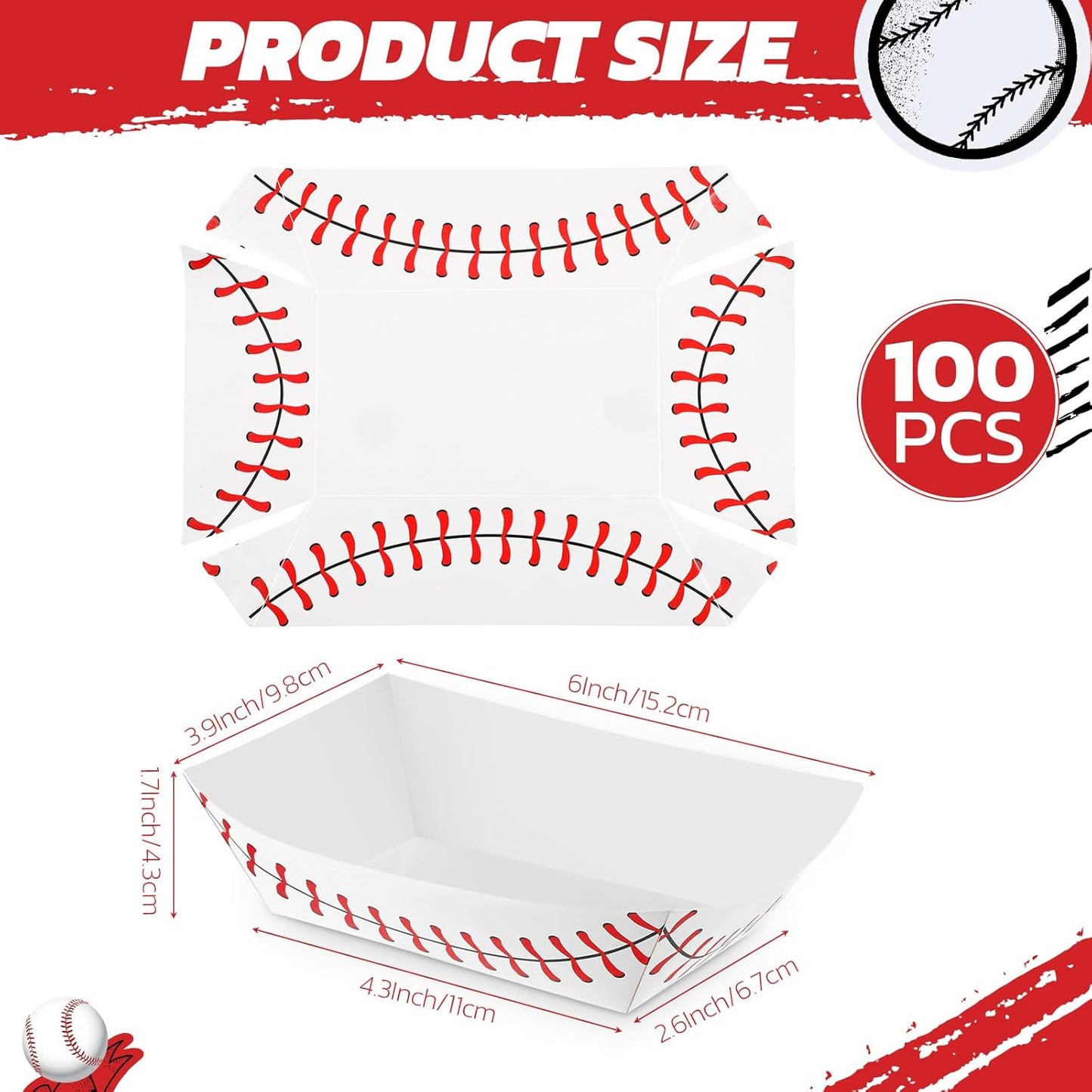 100 Pack Baseball Party Supplies Paper Food Trays Disposable Serving Tray Nacho Food Boats for Baseball Birthday Decorations(2Lb)