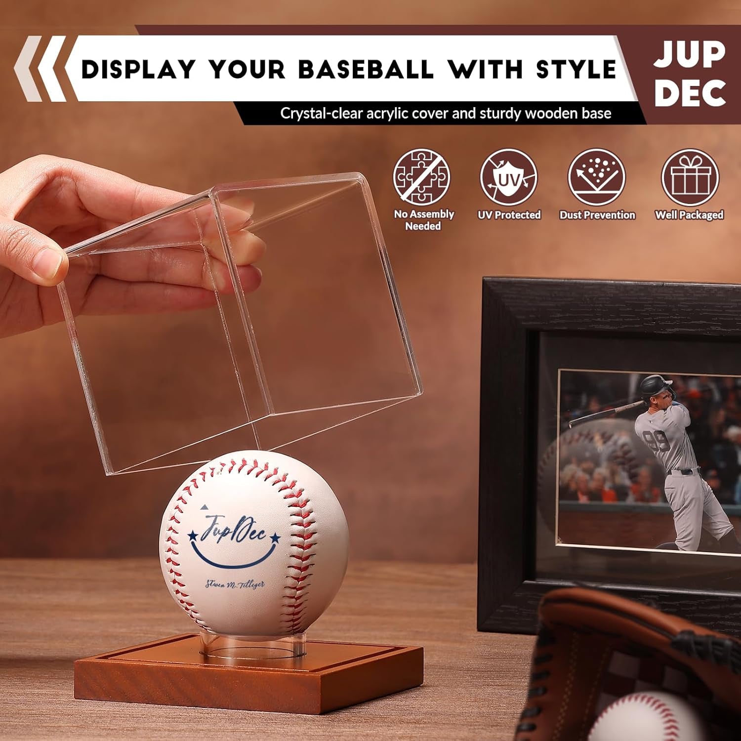 Baseball Display Case - Clear Cube Baseball Holder with Wooden Base, Autograph Stand Box for Single Ball, Acacia Wood, Brown, 1 Pack