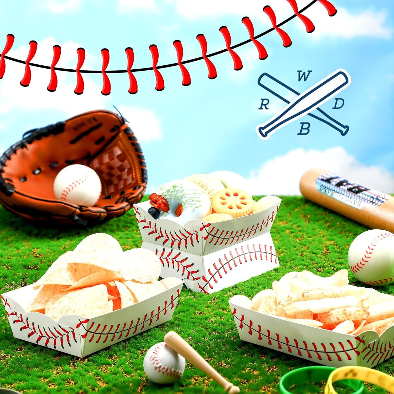 60 Pack Baseball Party Supplies Set Baseball Birthday Decorations Disposable Paper Food Serving Tray Boats Tray for Concession Food, Condiment, Carnivals