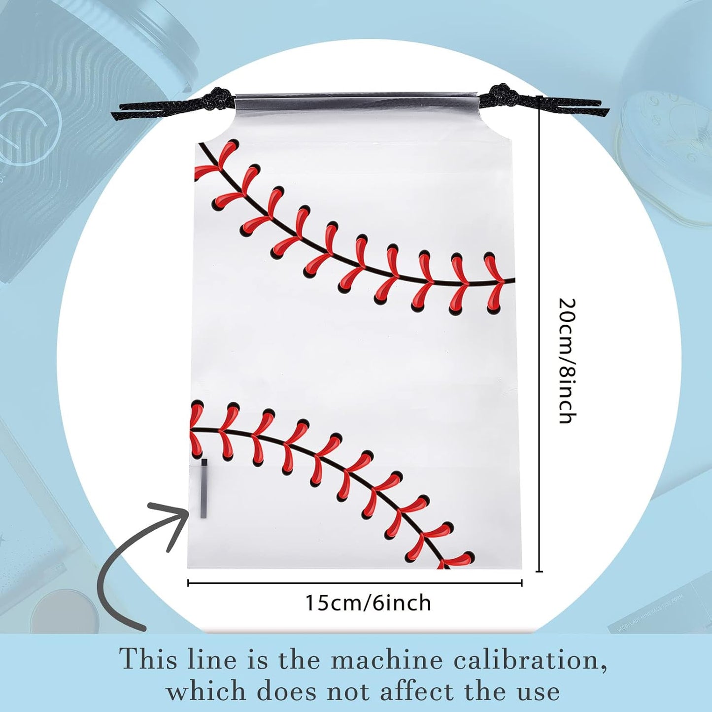 50 Pack 6 X 8 Inch Drawstring Baseball Party Favor Bags Plastic Baseball Snack Goodie Bags Gift Packaging Storage for Kids Boys Birthday Sports Theme Party Supplies