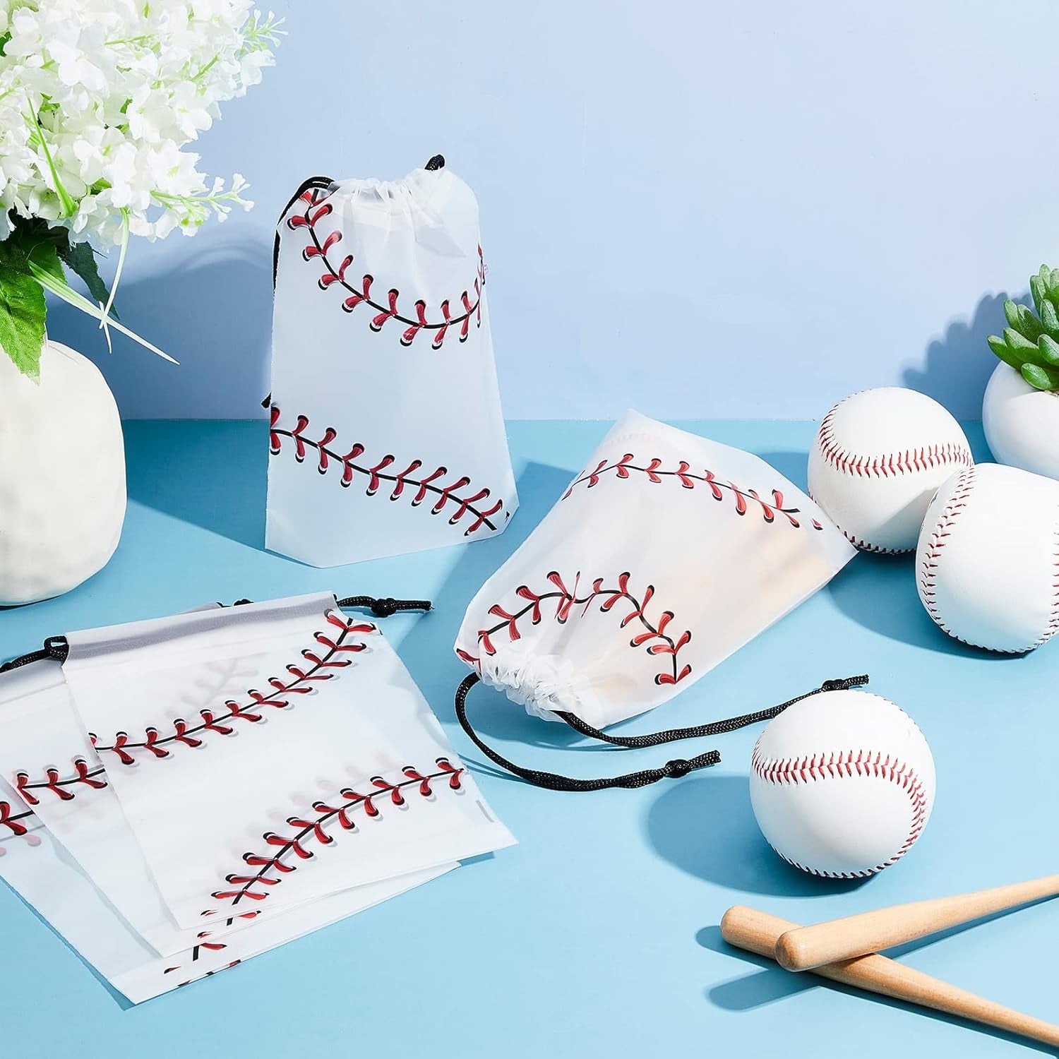 50 Pack 6 X 8 Inch Drawstring Baseball Party Favor Bags Plastic Baseball Snack Goodie Bags Gift Packaging Storage for Kids Boys Birthday Sports Theme Party Supplies