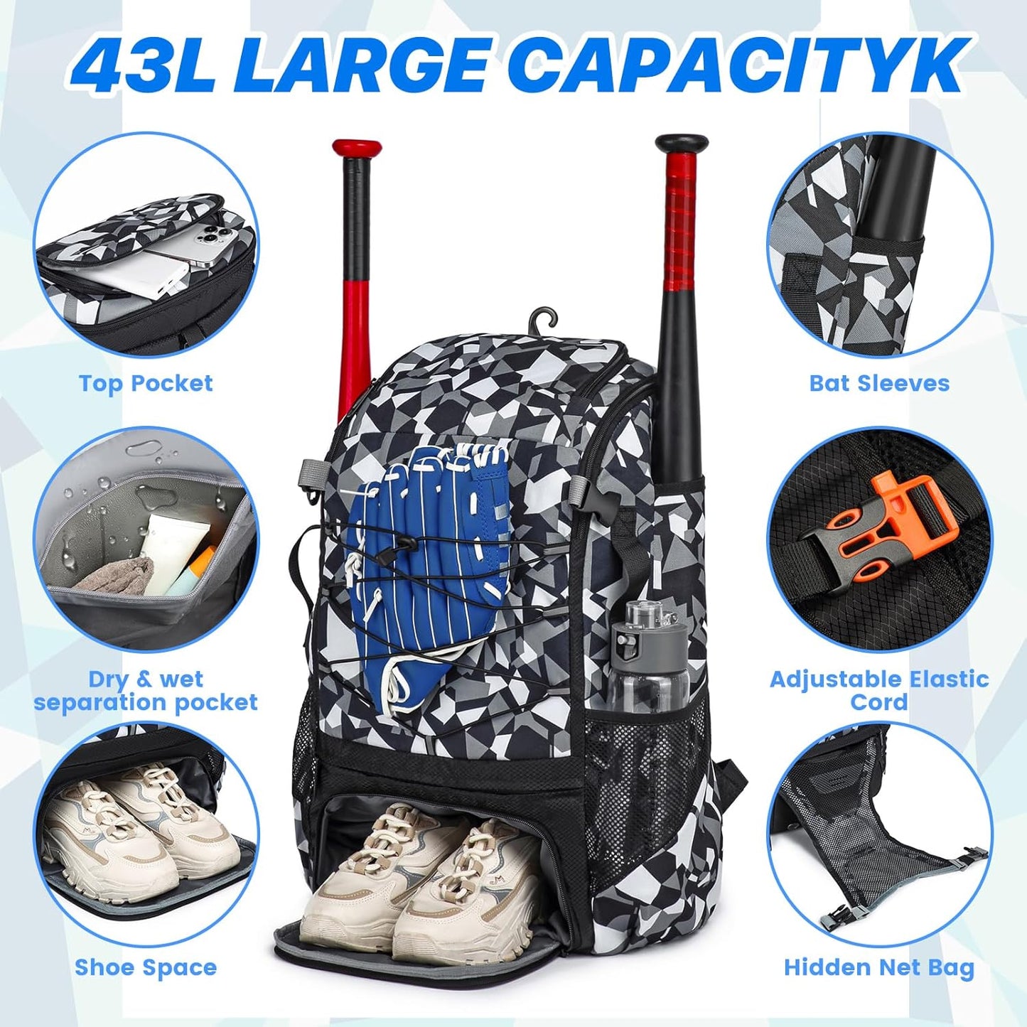 Softball Bag,Softball Bat Bag for Youth Adults,Baseball Bag with Fence Hook for Tball Bat & Equipment,Lightweight Baseball Bat Backpack with Shoe Compartment,Large Main Compartment for Helmet