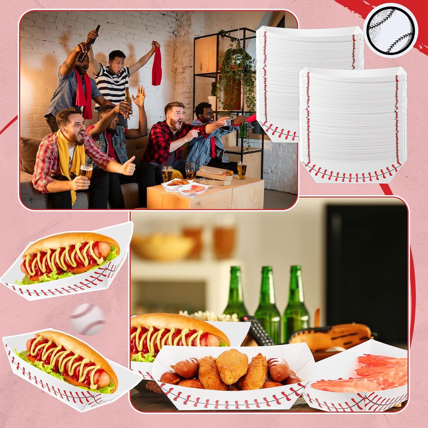 100 Pack Baseball Party Supplies Paper Food Trays Disposable Serving Tray Nacho Food Boats for Baseball Birthday Decorations(2Lb)