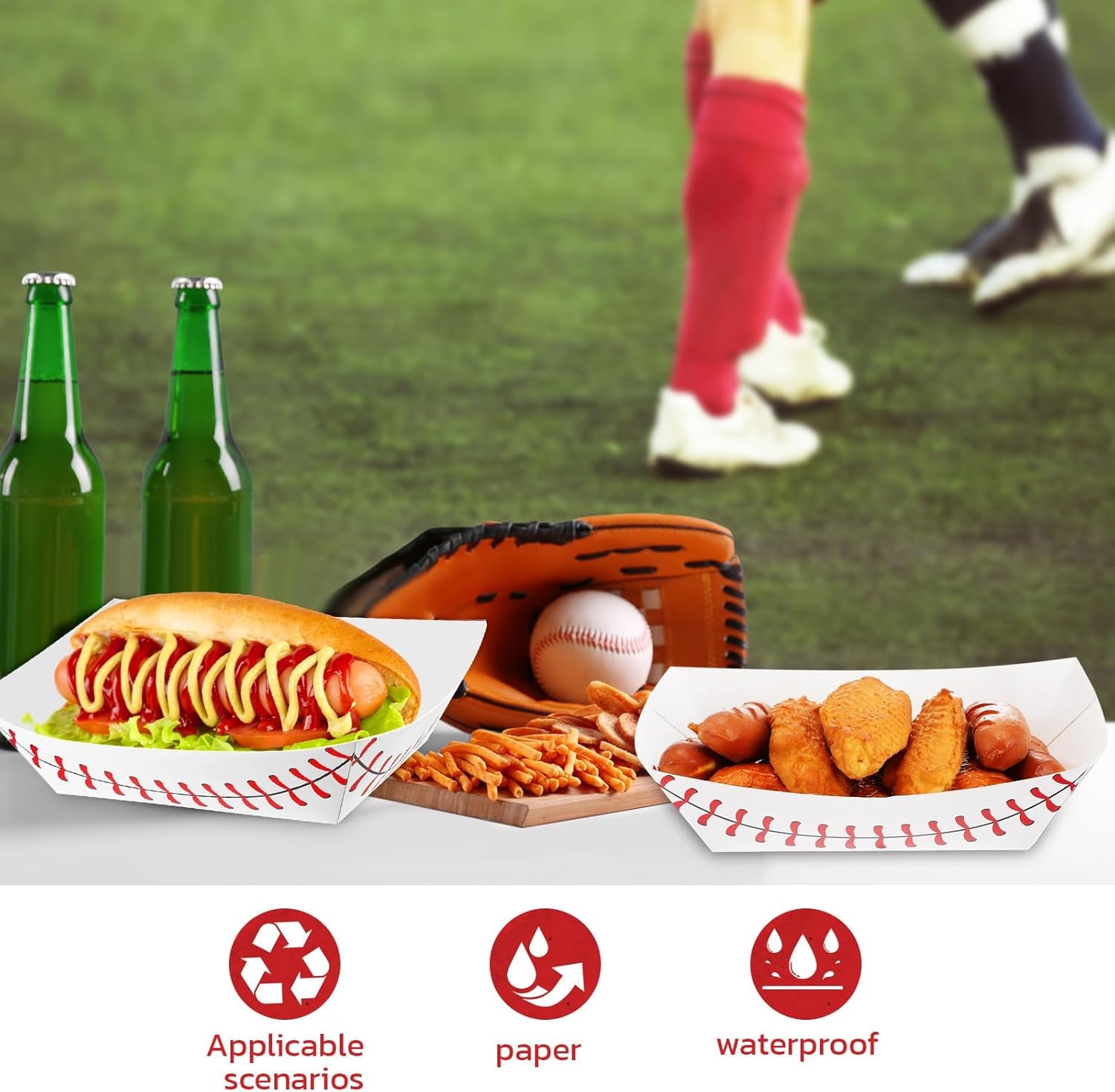 100 Pack Baseball Party Supplies Paper Food Trays Disposable Serving Tray Nacho Food Boats for Baseball Birthday Decorations(2Lb)