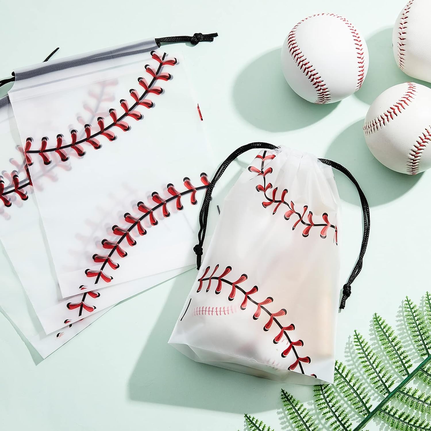 50 Pack 6 X 8 Inch Drawstring Baseball Party Favor Bags Plastic Baseball Snack Goodie Bags Gift Packaging Storage for Kids Boys Birthday Sports Theme Party Supplies