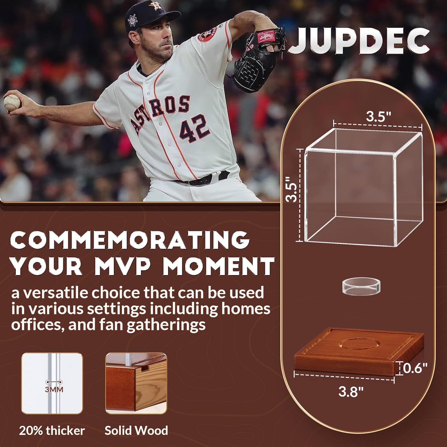 Baseball Display Case - Clear Cube Baseball Holder with Wooden Base, Autograph Stand Box for Single Ball, Acacia Wood, Brown, 1 Pack