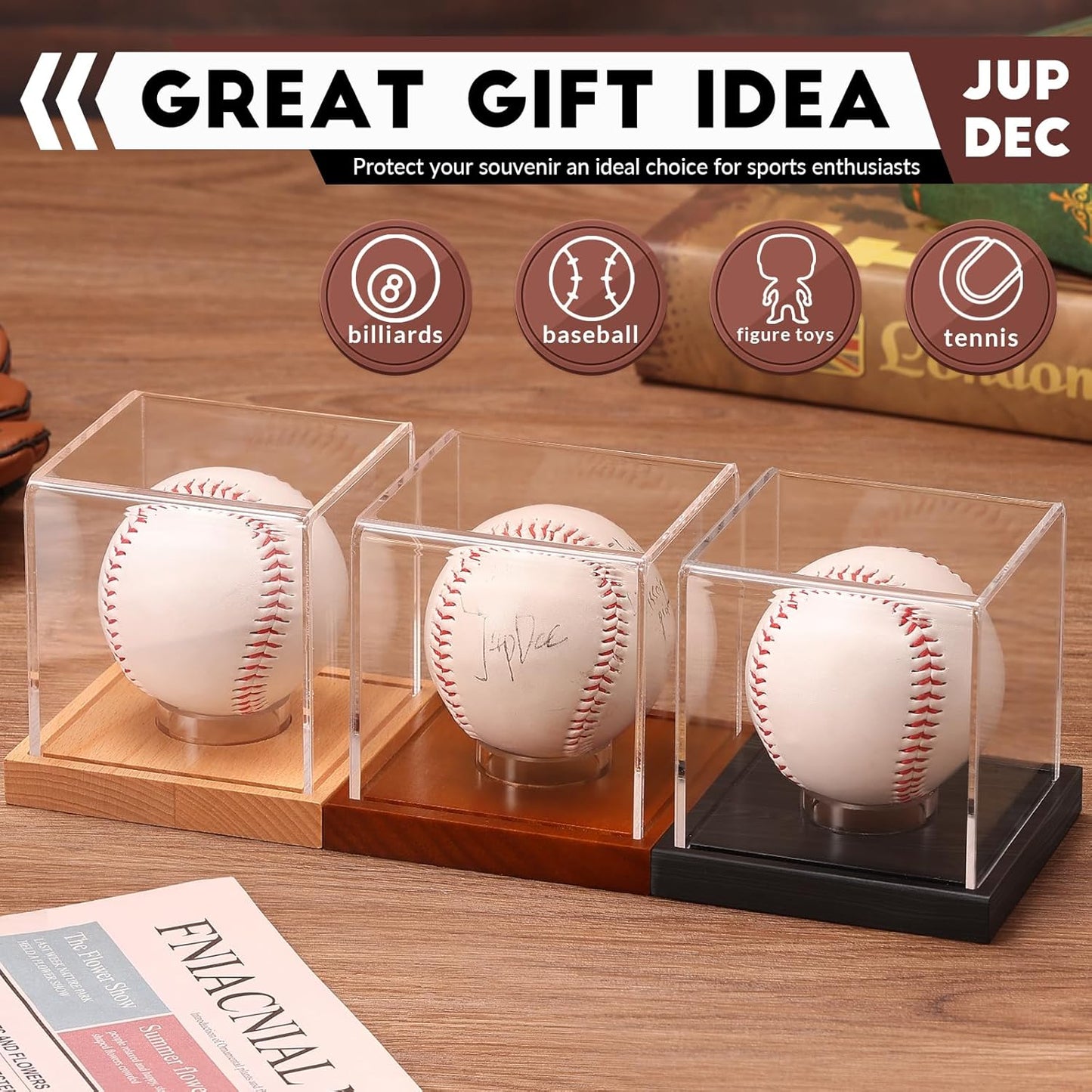 Baseball Display Case - Clear Cube Baseball Holder with Wooden Base, Autograph Stand Box for Single Ball, Acacia Wood, Brown, 1 Pack