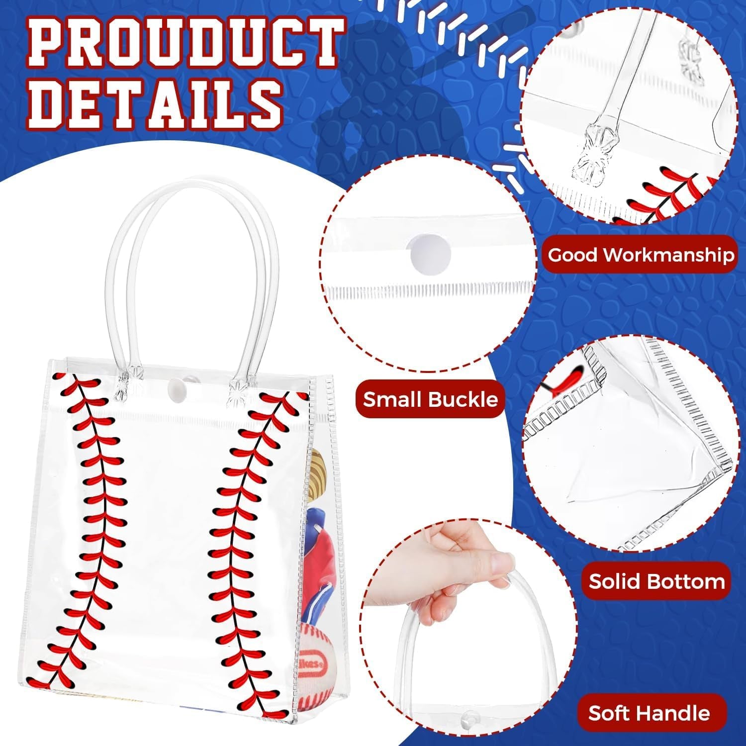 24 Pcs Baseball Clear PVC Gift Party Bags with Handles Bulk Football Transparent Treat Goodie Tote Sport Clear PVC Snack Bag for Boys Birthday Party Favor Baby Shower Decorations Supplies