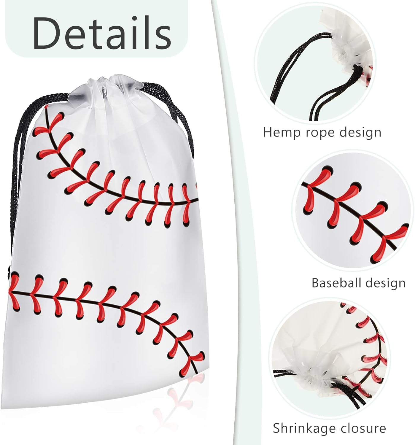 50 Pack 6 X 8 Inch Drawstring Baseball Party Favor Bags Plastic Baseball Snack Goodie Bags Gift Packaging Storage for Kids Boys Birthday Sports Theme Party Supplies