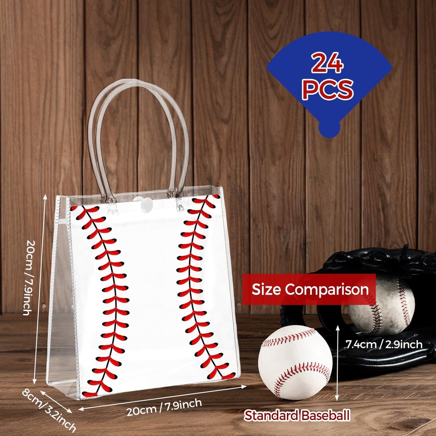 24 Pcs Baseball Clear PVC Gift Party Bags with Handles Bulk Football Transparent Treat Goodie Tote Sport Clear PVC Snack Bag for Boys Birthday Party Favor Baby Shower Decorations Supplies