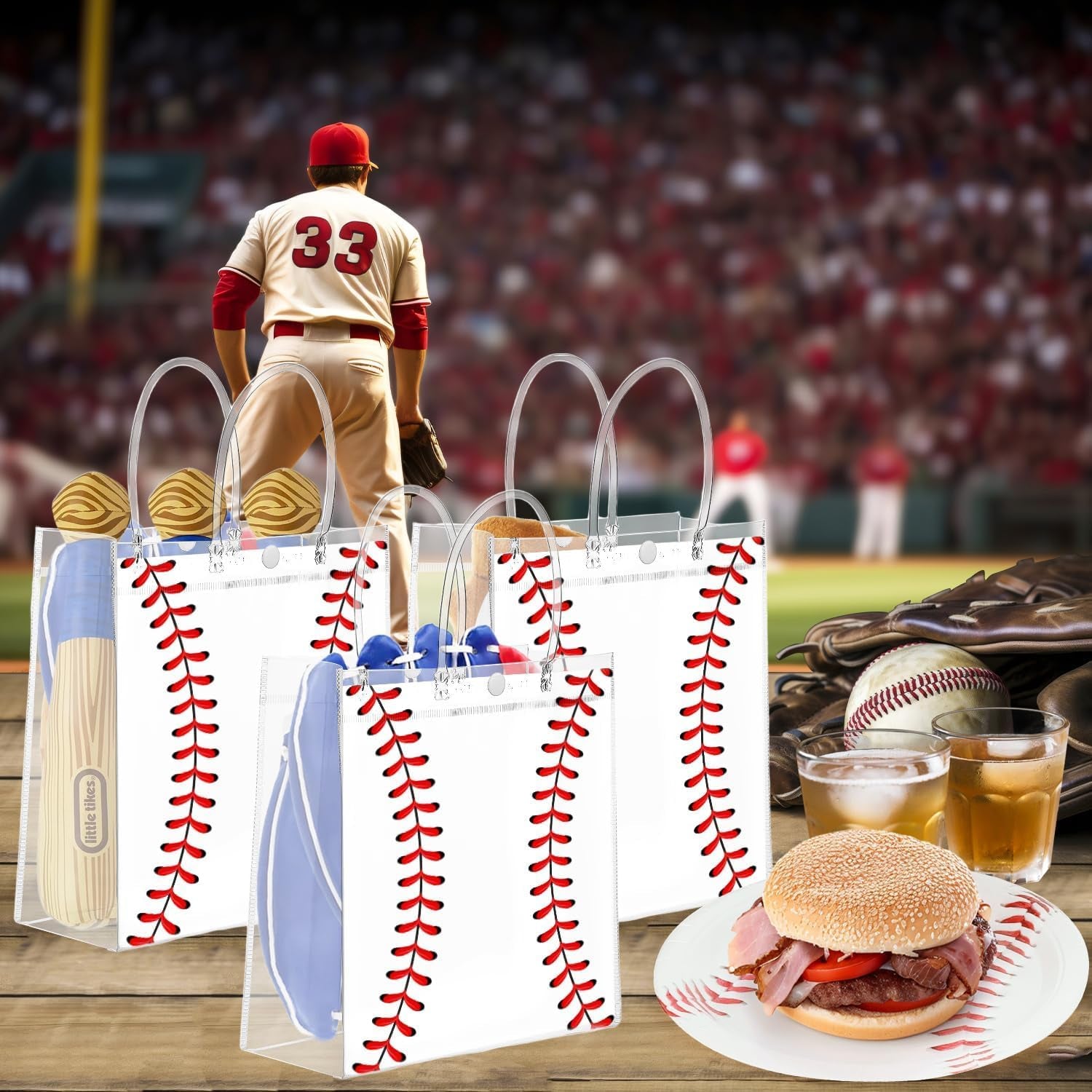 24 Pcs Baseball Clear PVC Gift Party Bags with Handles Bulk Football Transparent Treat Goodie Tote Sport Clear PVC Snack Bag for Boys Birthday Party Favor Baby Shower Decorations Supplies
