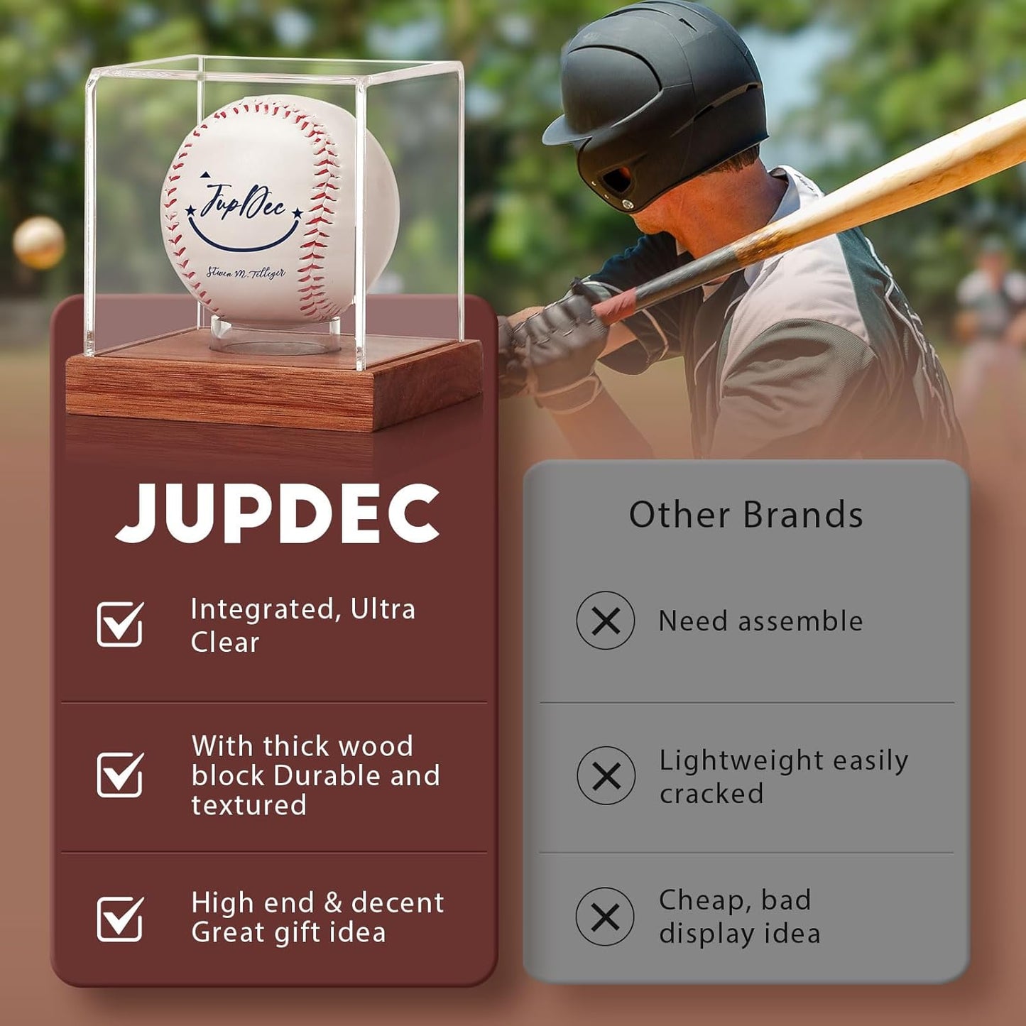 Baseball Display Case - Clear Cube Baseball Holder with Wooden Base, Autograph Stand Box for Single Ball, Acacia Wood, Brown, 1 Pack