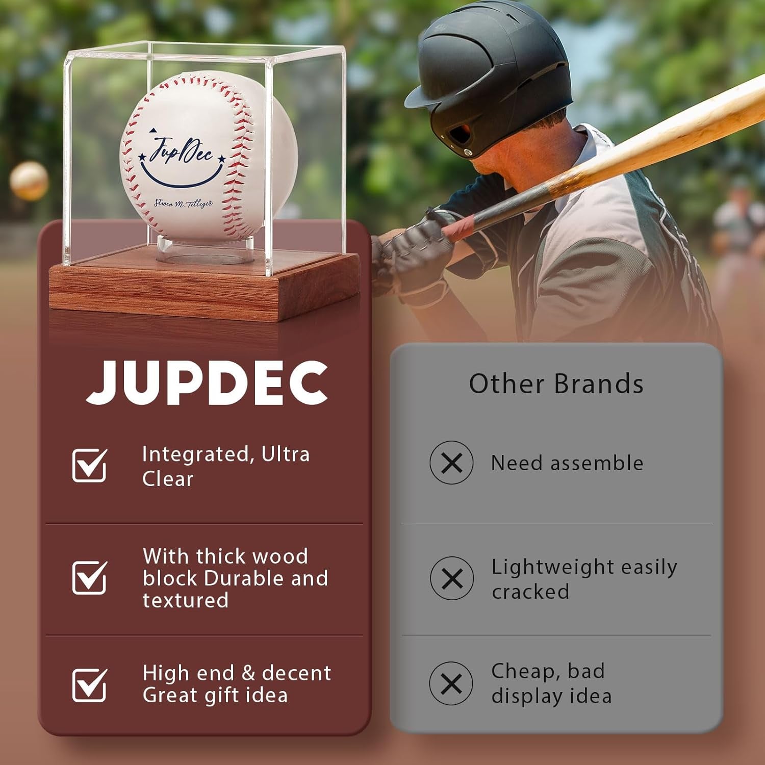 Baseball Display Case - Clear Cube Baseball Holder with Wooden Base, Autograph Stand Box for Single Ball, Acacia Wood, Brown, 1 Pack