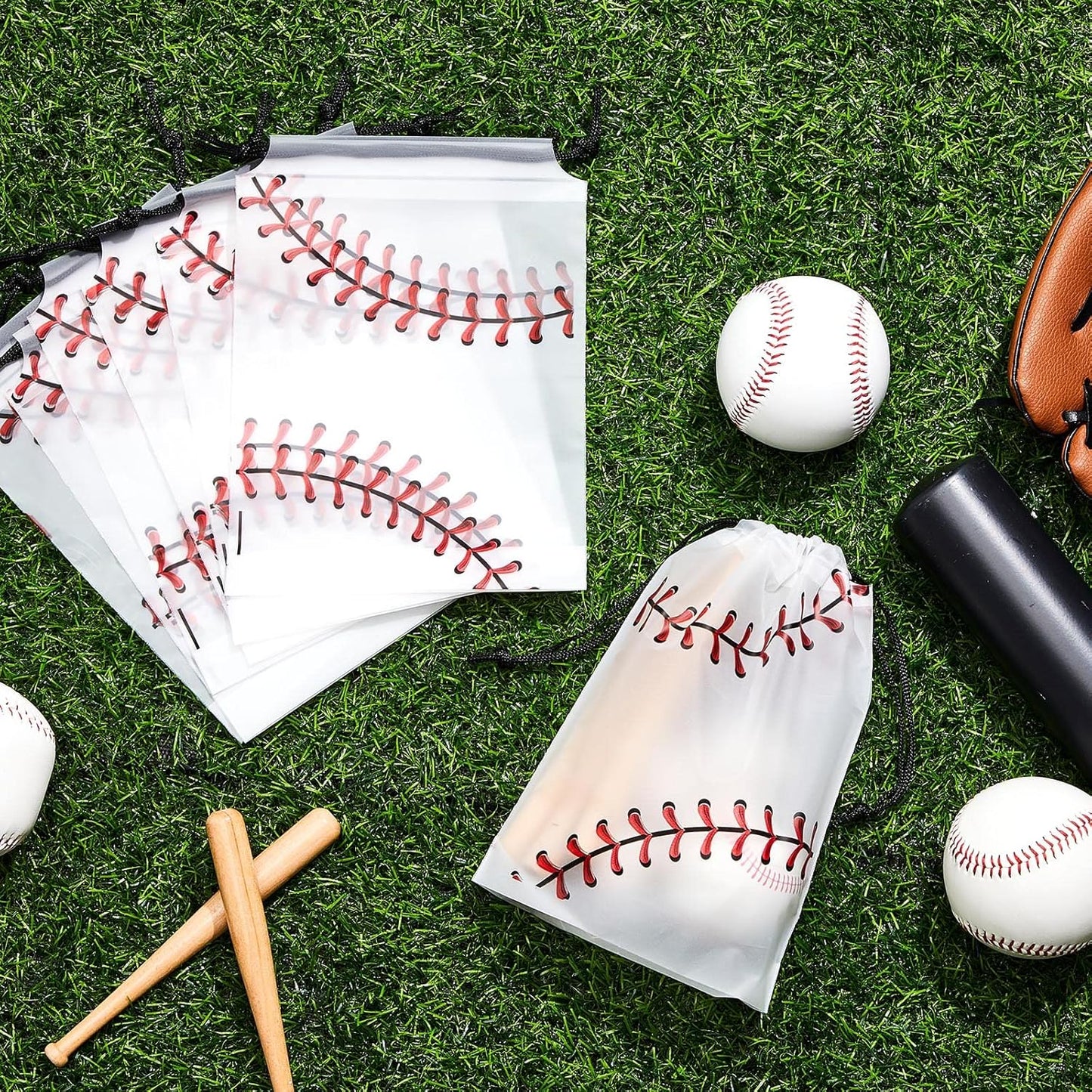 50 Pack 6 X 8 Inch Drawstring Baseball Party Favor Bags Plastic Baseball Snack Goodie Bags Gift Packaging Storage for Kids Boys Birthday Sports Theme Party Supplies