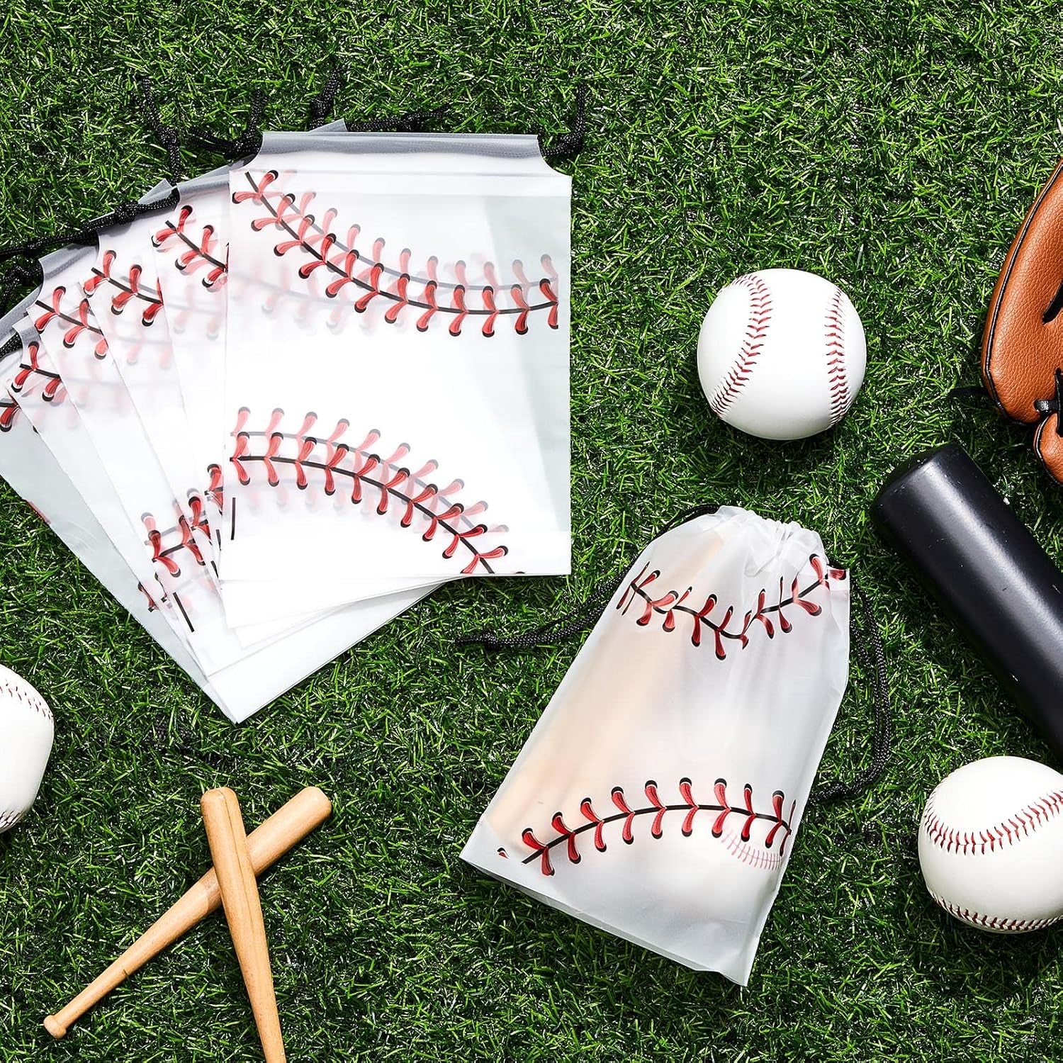 50 Pack 6 X 8 Inch Drawstring Baseball Party Favor Bags Plastic Baseball Snack Goodie Bags Gift Packaging Storage for Kids Boys Birthday Sports Theme Party Supplies